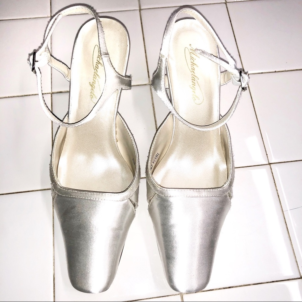 Michaellangelo white ankle strap satin low heel
